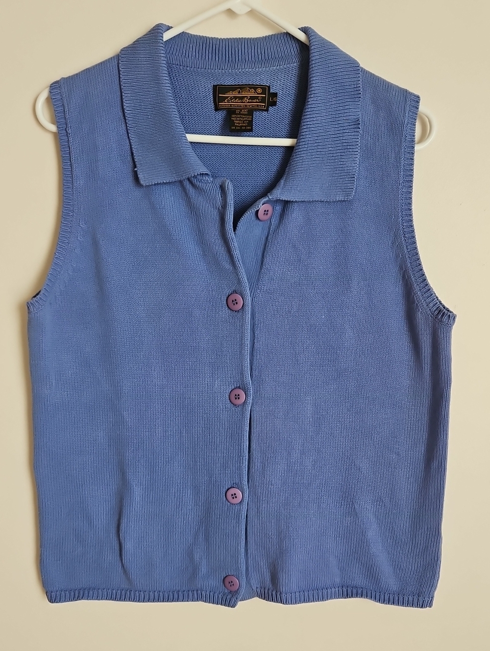 Eddie Bauer 100% Cotton Button Up Knit Sweater Vest Blue LG Vintage Coastal